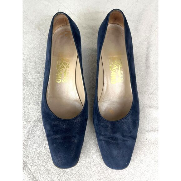 Salvatore Ferragamo Blue Suede Kitten Heel Slip On Shoes Women's Size 8 - Picture 9 of 9